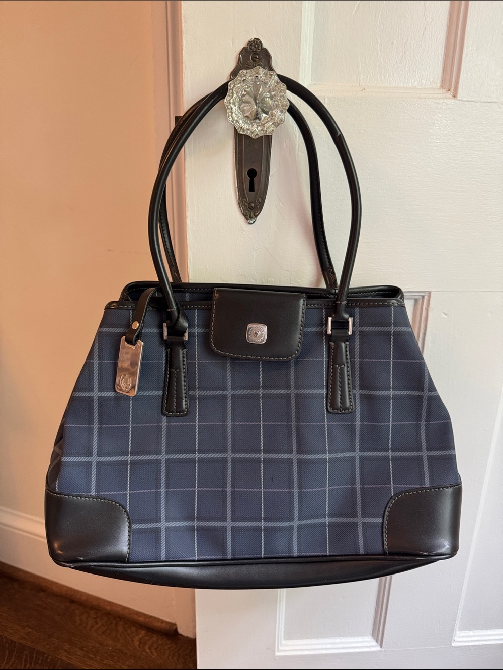 Liz Claiborne Navy Plaid Tote with Black Trim